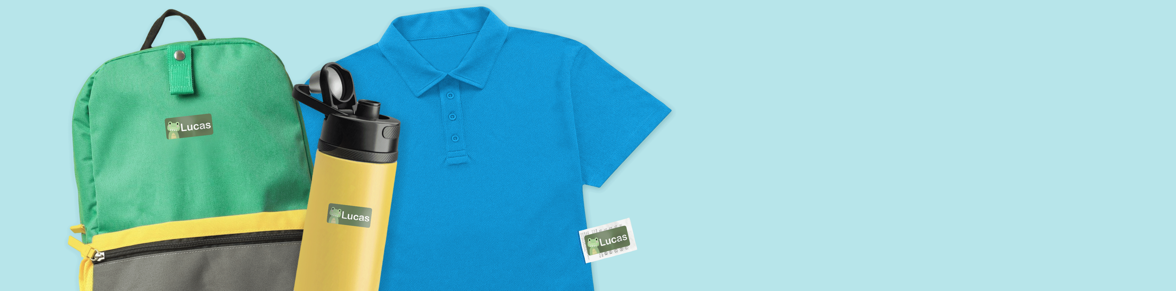 Vestiti, borraccia e zaino con etichette adesive personalizzate