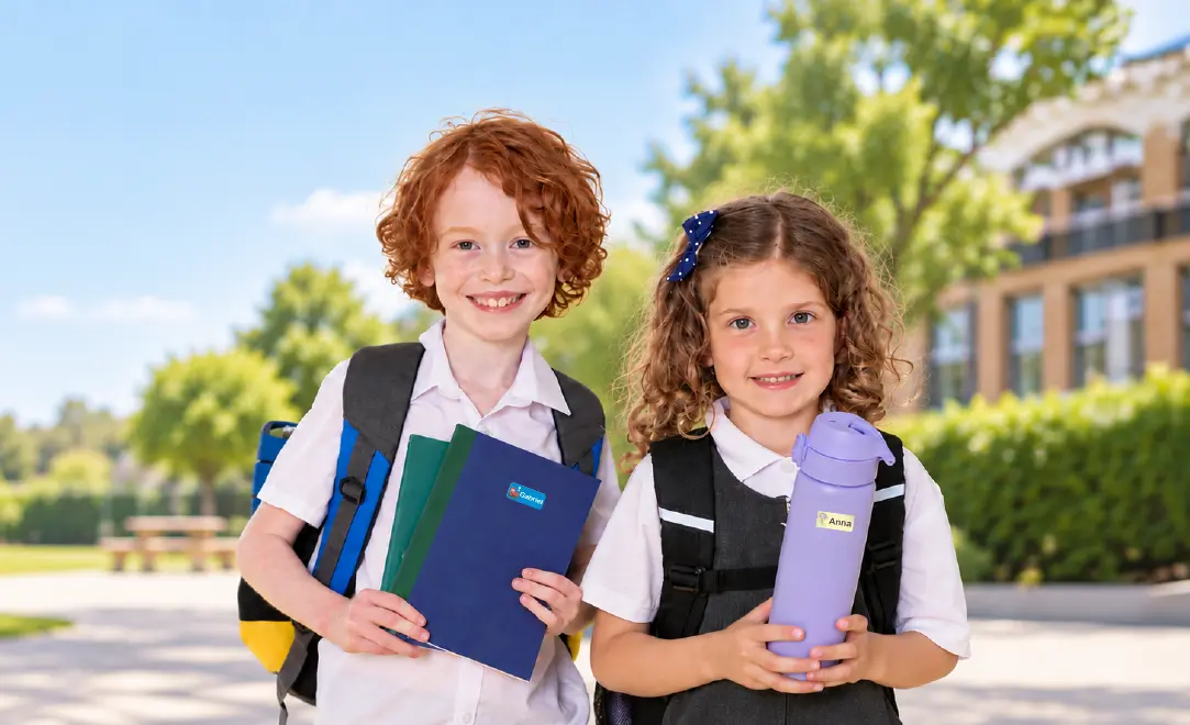 Due bambini davanti a una scuola con i loro oggetti etichettati
