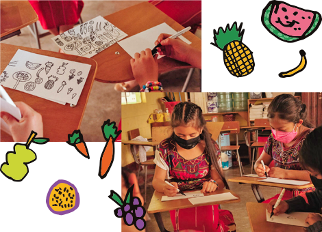 Un collage di bambini impegnati in varie attività artistiche in un’aula colorata