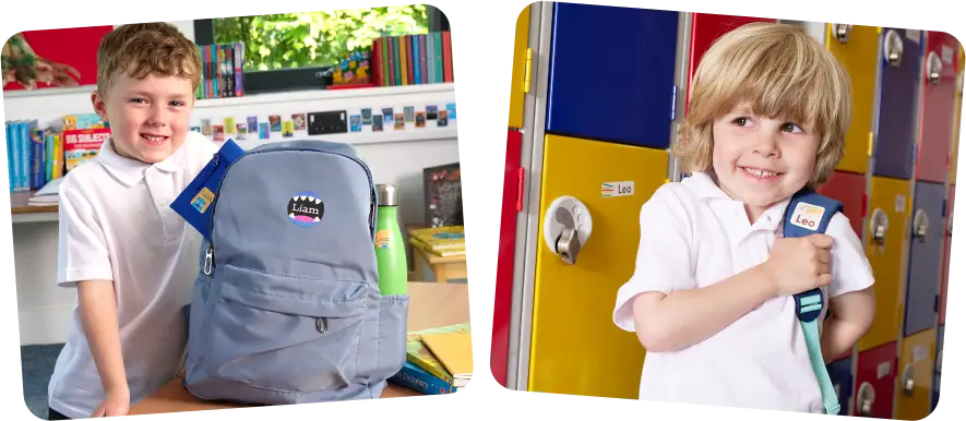 ragazzini delle scuole con maxiadesivi personalizzati sulle borse
