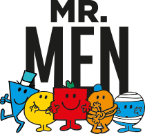 Caratteri Mr Men con la scritta Mr Men al centro, su sfondo arancione