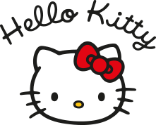 Logo Hello Kitty con scritta Hello Kitty sopra, su sfondo rosa