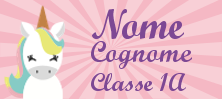 Etichetta My Nametags con unicorno, nome completo e numero di telefono, su sfondo rosa